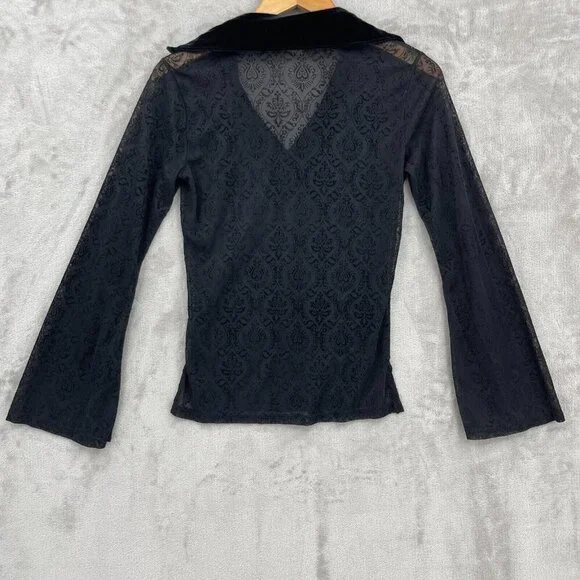 Vintage 90s Sheer Velvet Burnout Bell Sleeve V-Neck Top Hippie Goth - Picture 8 of 10
